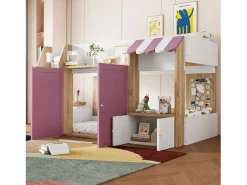 Cama infantil 90x200 cm - 4 puertas - Con escalera - ​​Blanco + Rosa​​ (colchón no incluido)^ModernLuxe Outlet