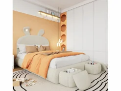 ModernLuxe Cama infantil 140x200 cm acolchada de terciopelo - oreja de conejo con LED regulable - con 2 taburetes con almacenaje - Beige