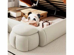 ModernLuxe Cama infantil 140x200 cm acolchada de terciopelo - oreja de conejo con LED regulable - con 2 taburetes con almacenaje - Beige
