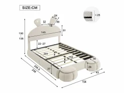 ModernLuxe Cama infantil 140x200 cm acolchada de terciopelo - oreja de conejo con LED regulable - con 2 taburetes con almacenaje - Beige