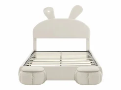 ModernLuxe Cama infantil 140x200 cm acolchada de terciopelo - oreja de conejo con LED regulable - con 2 taburetes con almacenaje - Beige