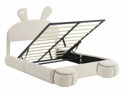 ModernLuxe Cama infantil 140x200 cm acolchada de terciopelo - oreja de conejo con LED regulable - con 2 taburetes con almacenaje - Beige