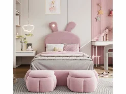 Cama infantil 90x200 cm acolchada de terciopelo - oreja de conejo con LED regulable - con 2 taburetes con almacenaje -^ModernLuxe Clearance
