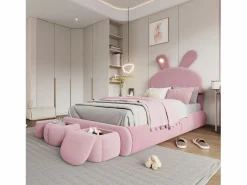 Cama infantil 90x200 cm acolchada de terciopelo - oreja de conejo con LED regulable - con 2 taburetes con almacenaje -^ModernLuxe Clearance