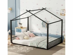 OKWISH Cama Montessori|Cama infantil 140x200 cm con somier de listones, estructura metálica, negra - sin colchón