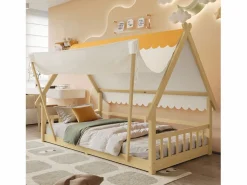 OKWISH Cama infantil 90x200 cm con somier de láminas y dosel extraíble, color natural - sin colchón Color natural claro