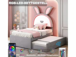 ModernLuxe Cama infantil 90x200cm en terciopelo - cama nido con 3 cajones y luces LED de colores - Gris Discount
