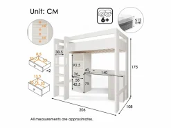 Cama mezzanine de 90x200 cm - con escalera de seguridad de 4 peldaños - con mesa - con estante - con barreras de seguridad - (sin colchón)^ModernLuxe Sale