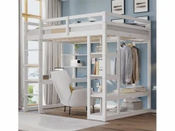 ModernLuxe Cama mezzanine infantil 140x200cm - con escalera - con mesa - con perchero simple - (sin colchón) Blanco Outlet