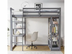 ModernLuxe Cama mezzanine infantil 140x200cm - con escalera - con mesa - con perchero simple - (sin colchón) Gris Online