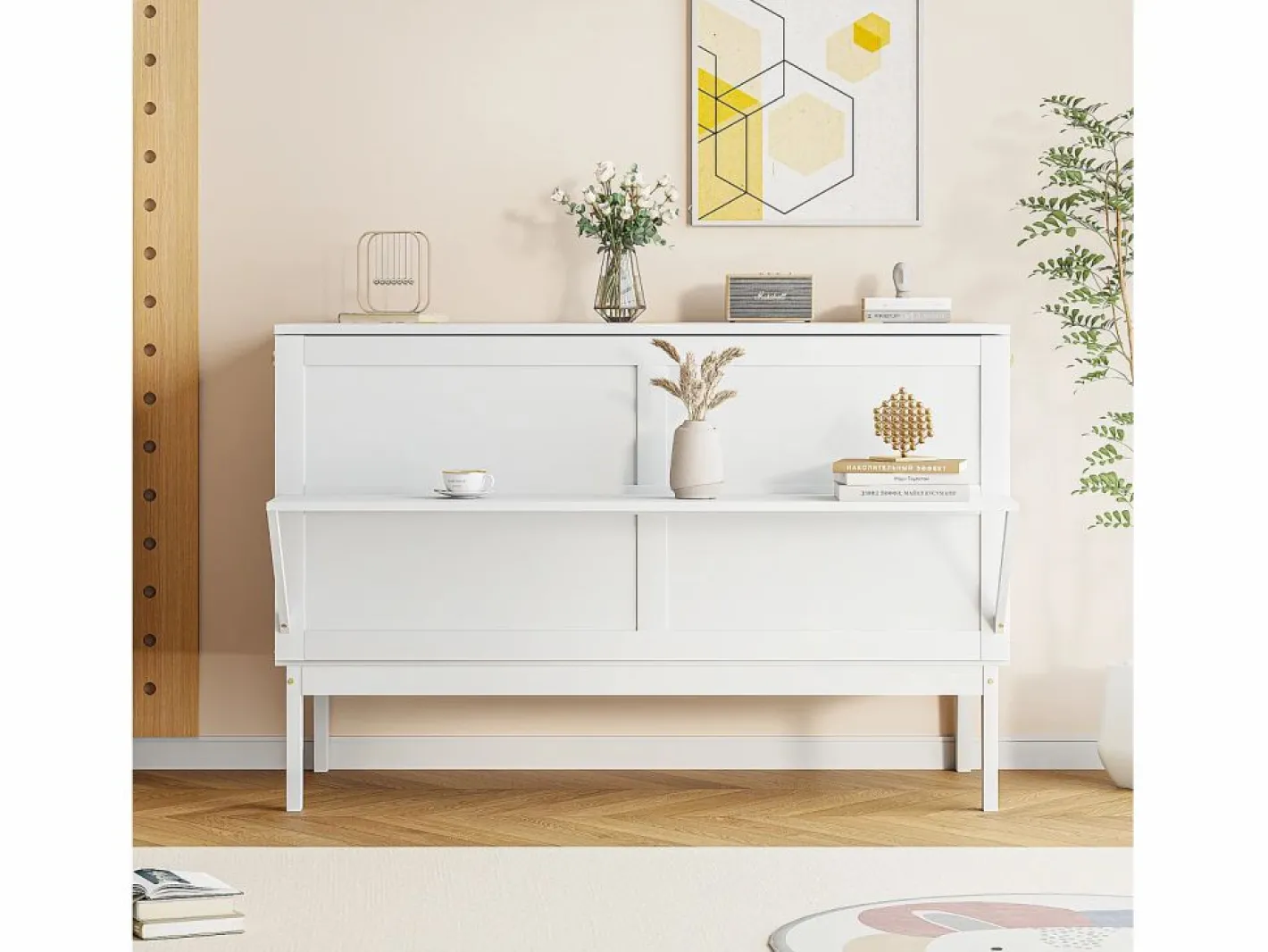 Cama Murphy de 140x200 cm, cama abatible vertical con somier de láminas, ideal para jóvenes - Blanca^ Outlet