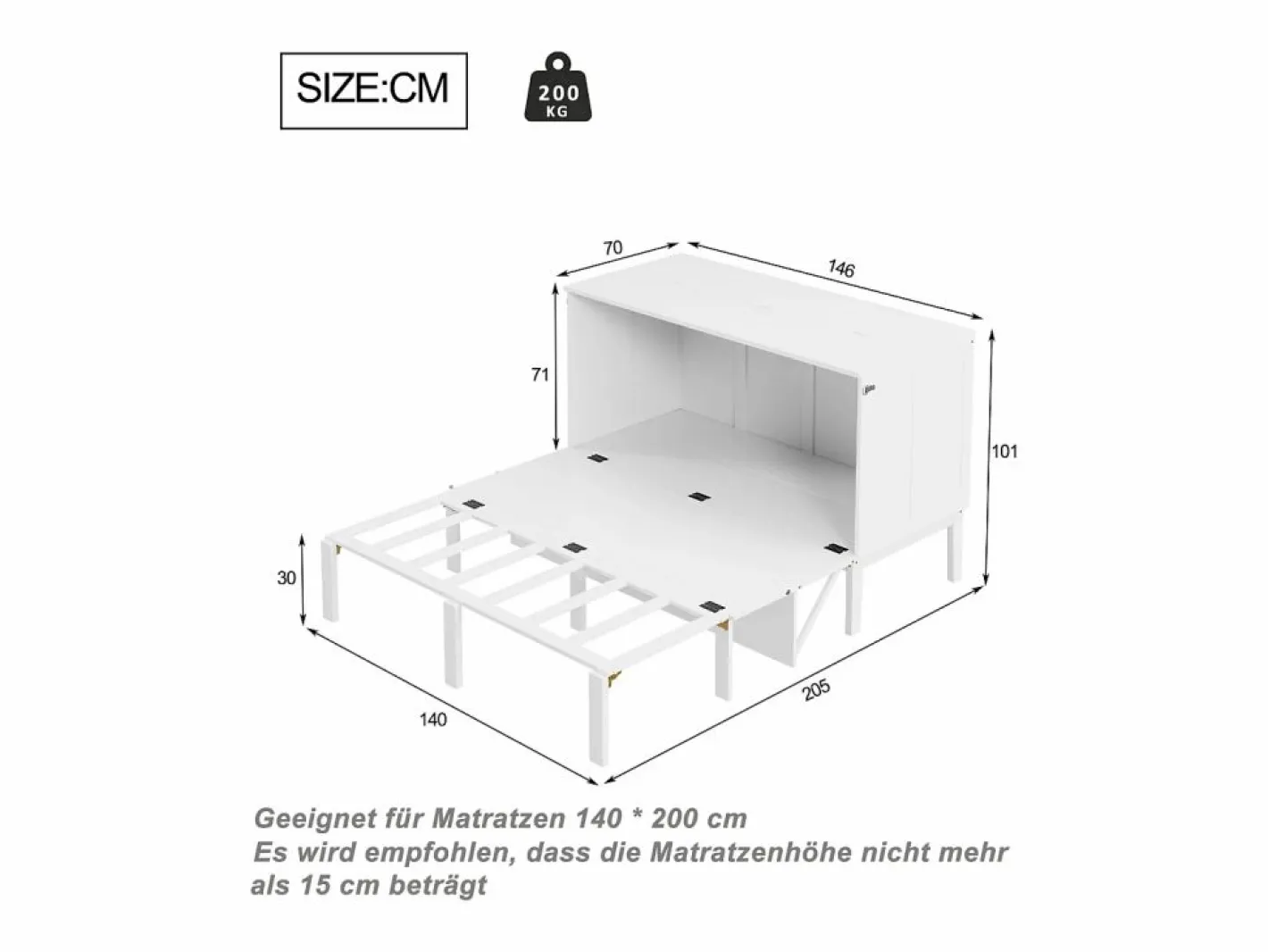 Cama Murphy de 140x200 cm, cama abatible vertical con somier de láminas, ideal para jóvenes - Blanca^ Outlet