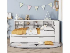 Cama nido 140 x 200 cm + 90 x 190 cm con toma USB y librería - Madera maciza - (sin colchón)^Merax Hot