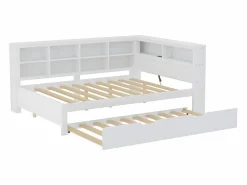 Cama nido 140 x 200 cm + 90 x 190 cm con toma USB y librería - Madera maciza - (sin colchón)^Merax Hot
