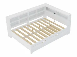 Cama nido 140 x 200 cm + 90 x 190 cm con toma USB y librería - Madera maciza - (sin colchón)^Merax Hot