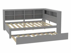 Merax Cama nido 140 x 200 cm + 90 x 190 cm con toma USB y almacenaje - madera maciza - Gris Best