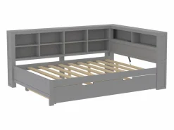 Merax Cama nido 140 x 200 cm + 90 x 190 cm con toma USB y almacenaje - madera maciza - Gris Best