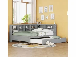 Cama nido 140 x 200 cm + 90 x 190 cm con toma USB y librería - Madera maciza - (sin colchón)^Merax Hot