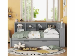 Cama nido 140 x 200 cm + 90 x 190 cm con toma USB y librería - Madera maciza - (sin colchón)^Merax Hot