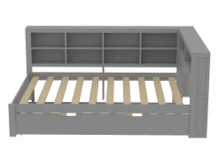 Cama nido 140 x 200 cm + 90 x 190 cm con toma USB y librería - Madera maciza - (sin colchón)^Merax Hot
