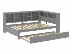 Cama nido 140 x 200 cm + 90 x 190 cm con toma USB y librería - Madera maciza - (sin colchón)^Merax Hot
