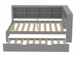 Cama nido 140 x 200 cm + 90 x 190 cm con toma USB y librería - Madera maciza - (sin colchón)^Merax Hot