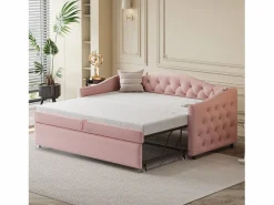 Merax Cama nido 90 x 200 cm con tomas USB, sofá cama - Tela de lino - Somier de láminas - (sin colchón) Rosa Sale