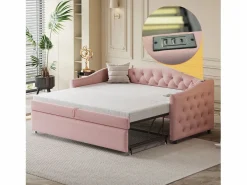 Merax Cama nido 90 x 200 cm con tomas USB, sofá cama - Tela de lino - Somier de láminas - (sin colchón) Rosa Sale