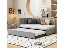 Cama nido 90/180 x 200 cm en forma de L, Sofá cama - Terciopelo - Somier de láminas - claro (sin colchón)^Merax