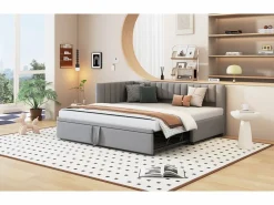 Cama nido 90/180 x 200 cm en forma de L, Sofá cama - Terciopelo - Somier de láminas - claro (sin colchón)^Merax