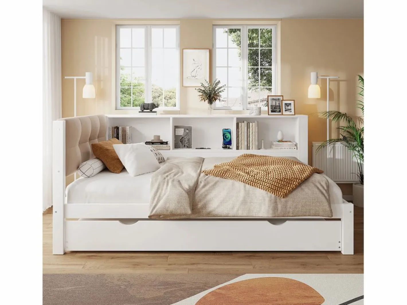 Cama nido blanca de 90x200cm con iluminación LED, almacenaje, USB (sin colchón)^Hauss Spole New