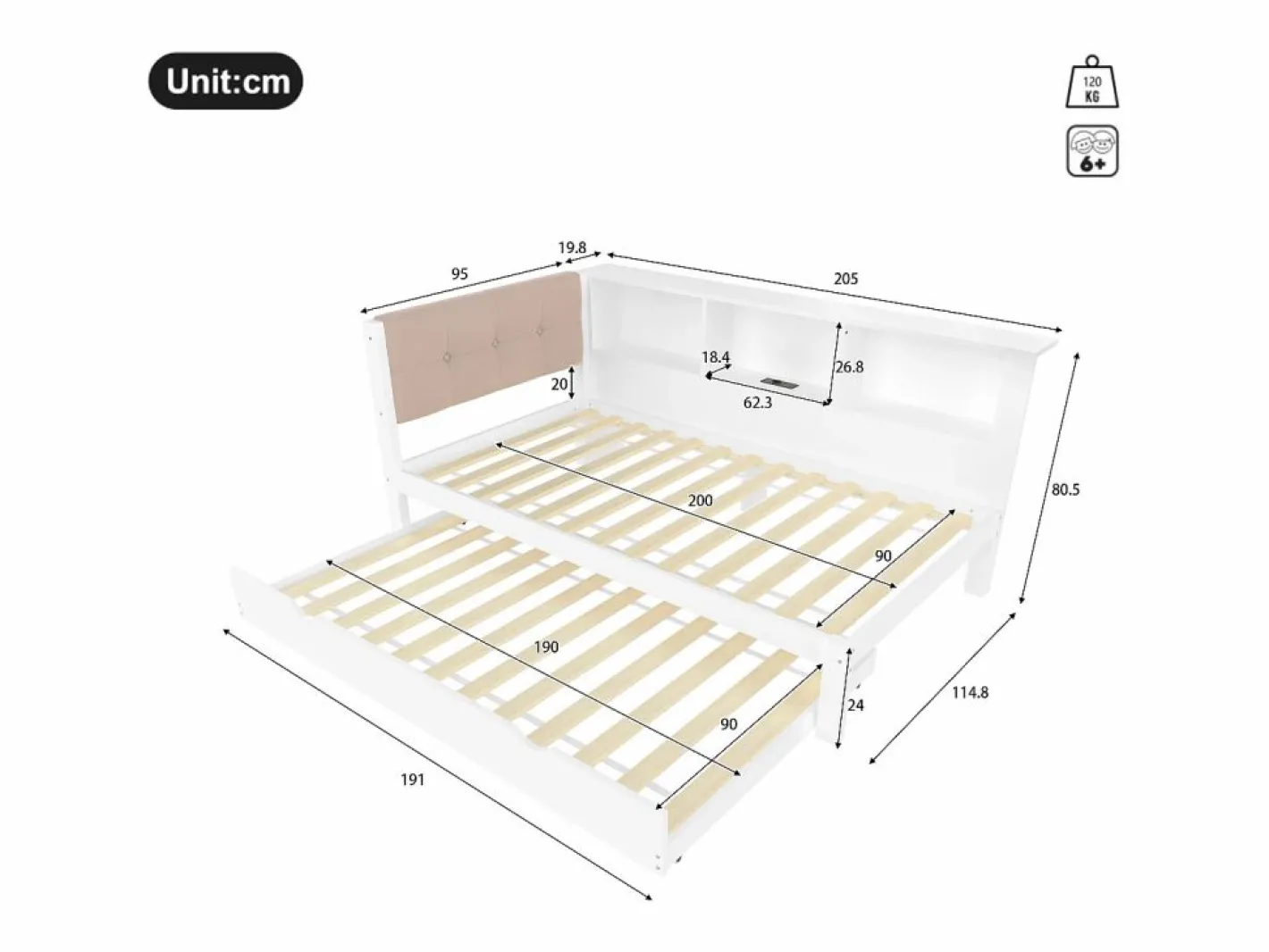 Cama nido blanca de 90x200cm con iluminación LED, almacenaje, USB (sin colchón)^Hauss Spole New