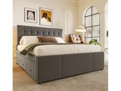 Merax Cama nido con 3 cajones - 140 x 200 cm + 90 x 190 cm - tejido de lino - cabecero ajustable - color Gris
