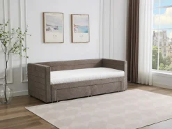 Vente-unique Cama Diván|Cama Nido|Cama nido de 2 x 80 x 200 cm en tejido texturizado gris + colchón - CAMITY