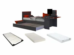 Cama nido gamer 90 x 200 et 90 x 190 cm escritorio LEDs antracita y rojo + colchón VOUANI^Vente-unique New