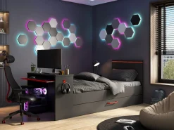 Vente-unique Cama nido gamer 2 x 90 x 200 con escritorio y LEDs antracita y rojo + somier VOUANI Gris antracita Best