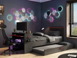 Vente-unique Cama nido gamer 2 x 90 x 200 con escritorio y LEDs antracita y rojo + somier VOUANI Gris antracita Best