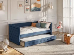 Vente-unique Cama nido LOUISE con diván tapizado en tela azul, 2x90x190cm Azul oscuro New