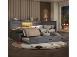 Merax Cama nido 140x200 cm + 90x190 cm con 2 puertas correderas y tomas USB - LED - Tablero aglomerado + MDF - (sin colchón) Gris Clearance