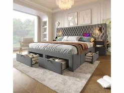 DripeX Cama nido 160x200 cm en terciopelo - Con 4 cajones, 2 mesitas, USB y lámpara de lectura Gris