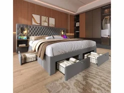 DripeX Cama nido 160x200 cm en terciopelo - Con 4 cajones, 2 mesitas, USB y lámpara de lectura Gris