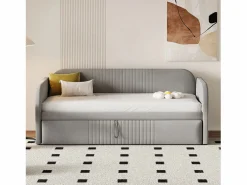 Cama nido 90-180x190cm, sofá cama acolchado a rayas verticales, con somier de láminas, sin colchón, tela de lino, Gris claro Outlet