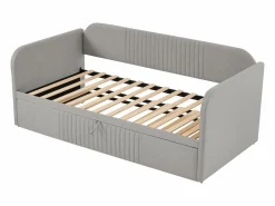 Cama nido 90-180x190cm, sofá cama acolchado a rayas verticales, con somier de láminas, sin colchón, tela de lino, Gris claro Outlet
