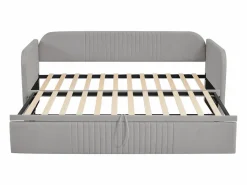 Cama nido 90-180x190cm, sofá cama acolchado a rayas verticales, con somier de láminas, sin colchón, tela de lino, Gris claro Outlet