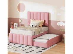 Cama Diván|Cama nido 90x200cm+90x190cm, cama con ruedas con 3 cajones, cama tapizada en lino, para niños y jóvenes, color