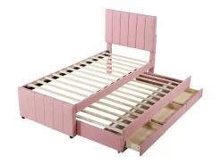 Cama Diván|Cama nido 90x200cm+90x190cm, cama con ruedas con 3 cajones, cama tapizada en lino, para niños y jóvenes, color