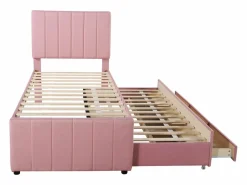 Cama Diván|Cama nido 90x200cm+90x190cm, cama con ruedas con 3 cajones, cama tapizada en lino, para niños y jóvenes, color