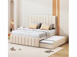 Cama nido 140x200cm+90x190cm, cama con ruedas con 3 cajones, cama tapizada de lino, para niños y jóvenes, Beige Outlet