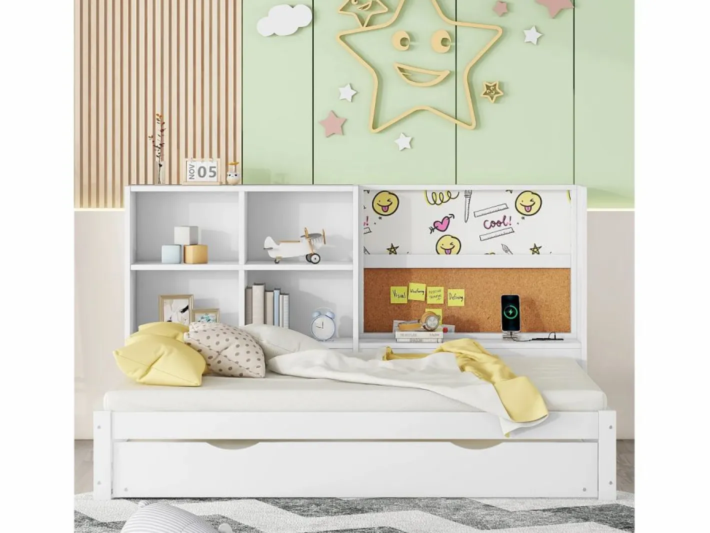 Cama nido 90x200cm+90x190cm, Sofá cama con cabecero con almacenaje y puerto de carga USB,^ Outlet