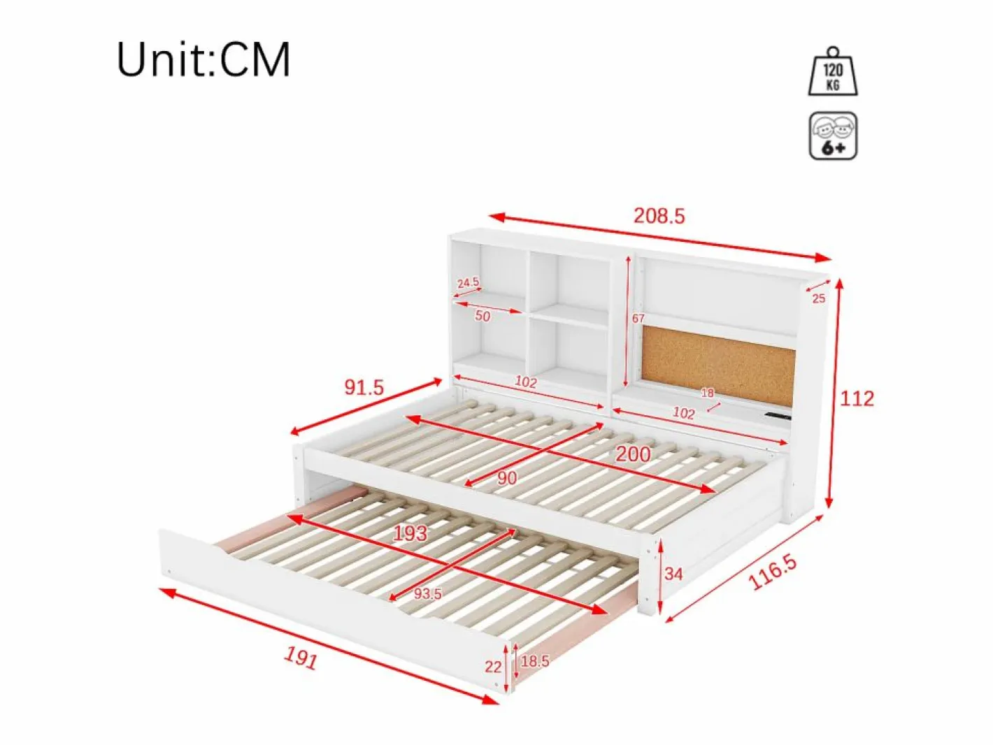 Cama nido 90x200cm+90x190cm, Sofá cama con cabecero con almacenaje y puerto de carga USB,^ Outlet